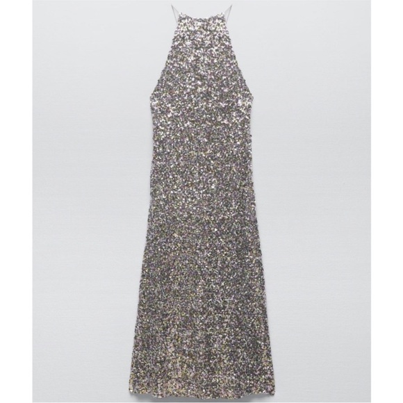 Zara dress knit sequin halter in silver with light pink sequins NEW - Picture 2 of 5